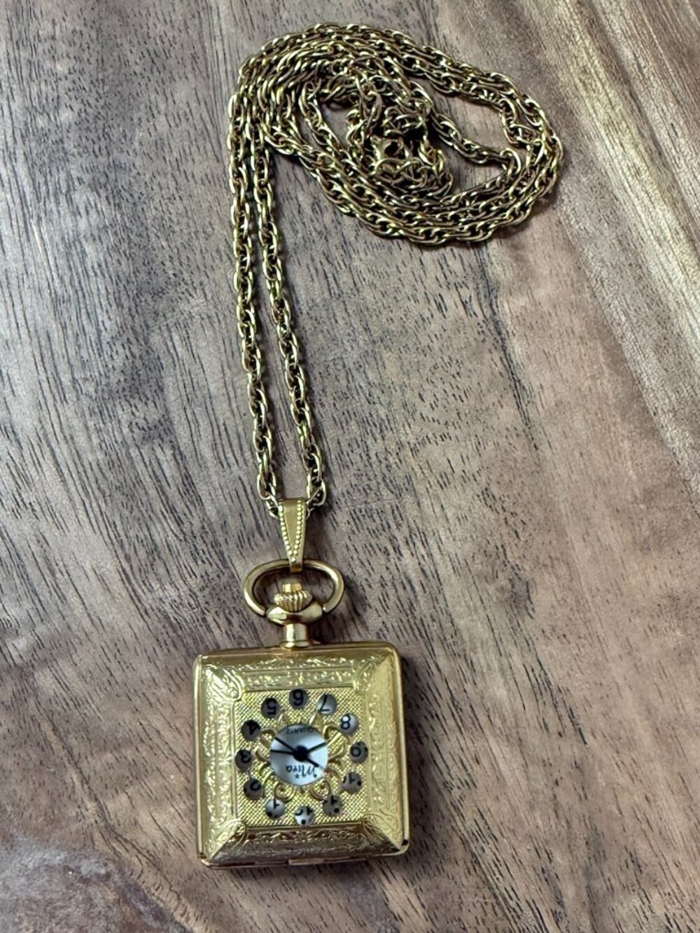 Vintage MIRA Gold Square Pendant Watch Necklace Textured Ornate Mechanical